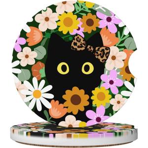 2 x Flower Cute Black Cat Car Coasters for Cup Holders,2 Pack Car Cup Holder Coasters for Car,Ceramic Absorbent Car Coaster with A Finger Notch and Cork Base,Car Interior Accessories for Women Men