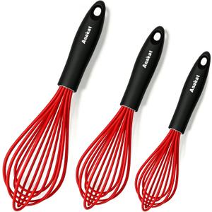 Anaeat Silicone Whisk, Thick Stainless Steel Wire Inner - Heat Resistant Kitchen Whisks for Non-Stick Cookware, Balloon Egg Beater for Whisking, Blending, Beating, Frothing & Stirring (Red) (9+11+12 inch, 3 Pcs Red)