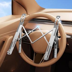 Car Laptop Mount Steering Wheel Tray Holder, Height Adjustable Car Desk for Laptop Computer Tablet, Foldable Portable Lap Laptop Stand for Car Vehicle Workstation Accessories Truck SUV Tesla (Metallic Silver)
