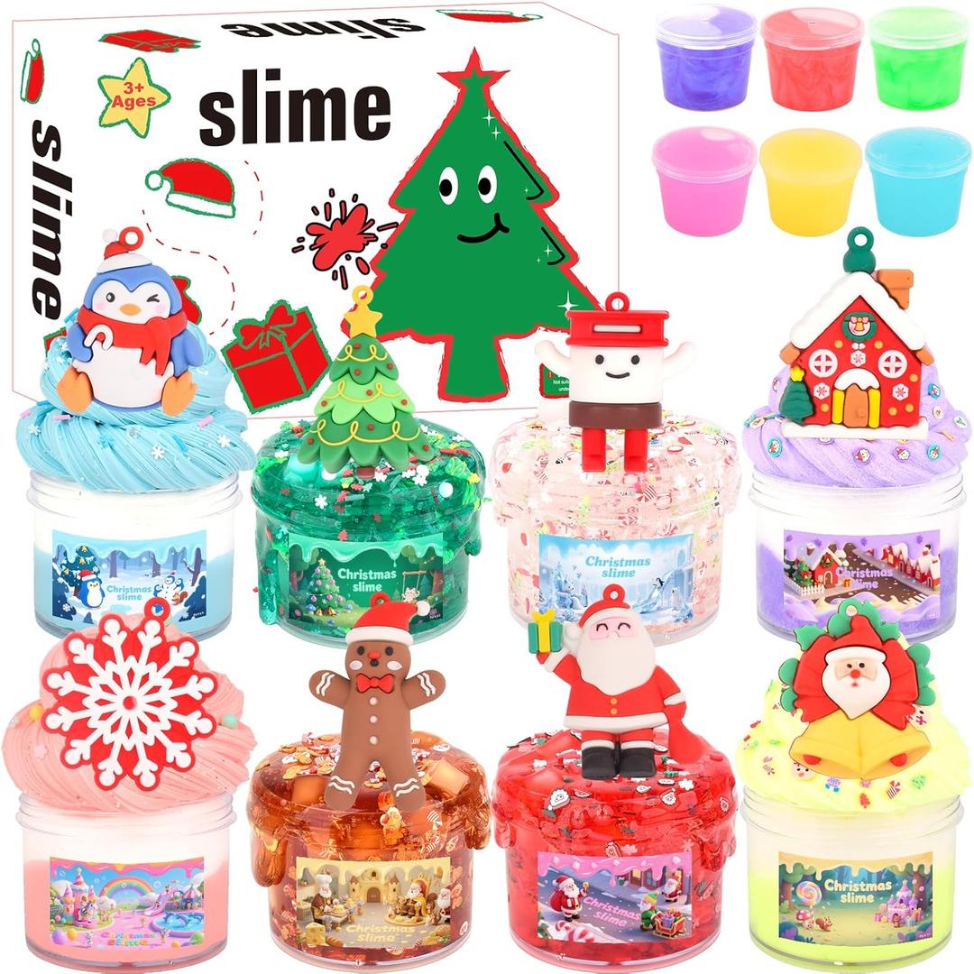 Christmas Slime 8 Pack, for Kids, Cocofluff Themed Slime Kit for Sensory Play, Stocking Stuffers for Girls & Boys, Party Favors, Unique Textures (Crystal & Butter & Cloud Slime 100ml)