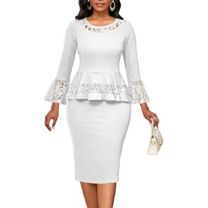 Lace Dresses for Women Wedding Guest Elegant Long Sleeve Cocktail Business Knee Length Pencil Dress (Large)