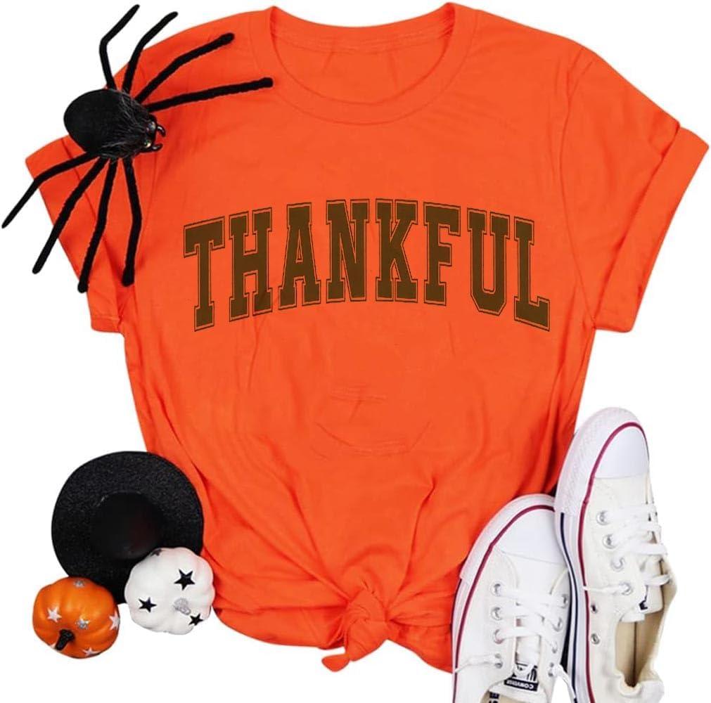 Thanksgiving Shirts for Women Thankful Letter Print Shirts Casual Pumpkin Color Fall Basic Tee (XL)