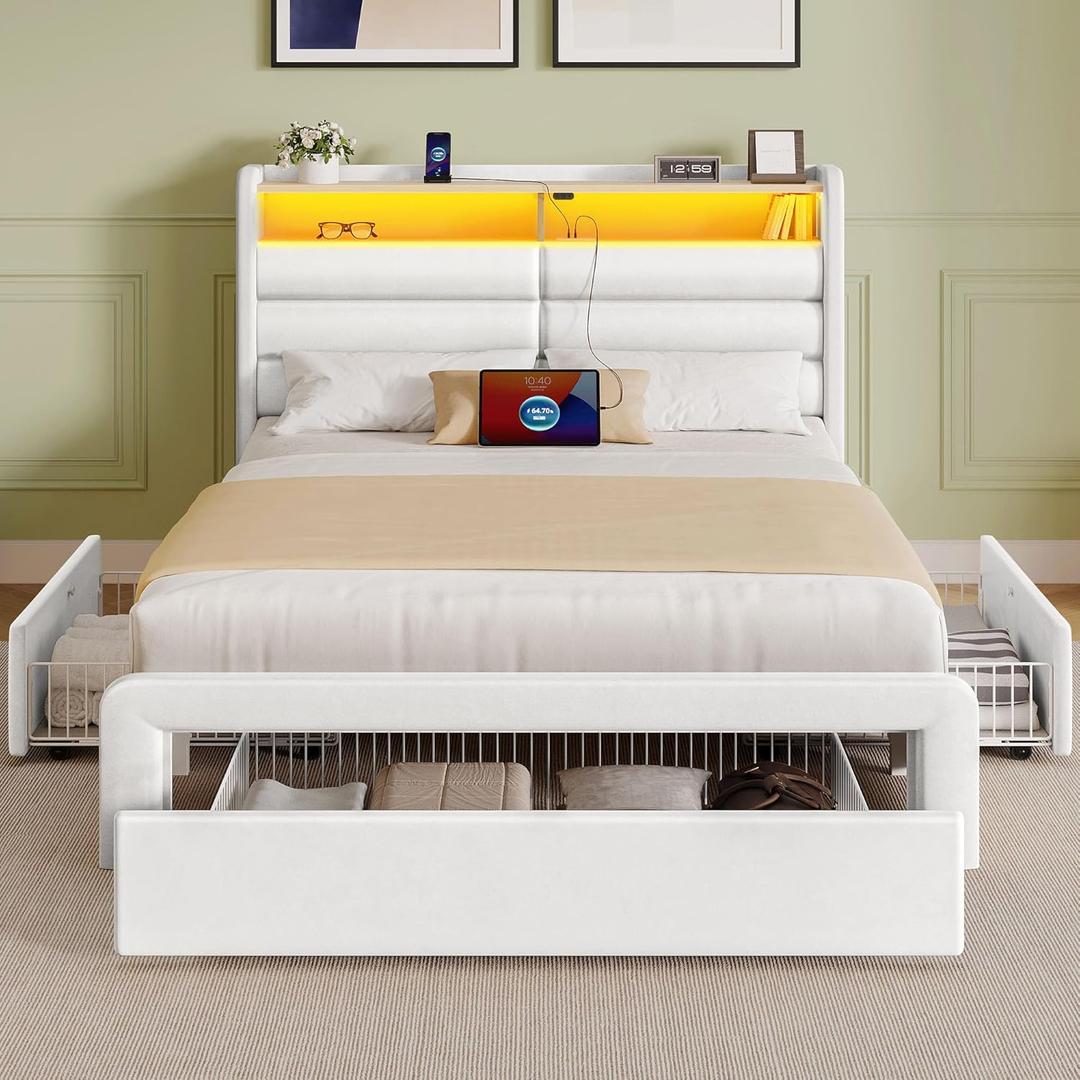 Seventable Twin Size Bed Frame with 3 Storage Drawers & Charging Station, Upholstered Platform Bed with Storage Headboard and LED Light, No Box Spring Needed, Noise Free, Easy Assembly, Cream White