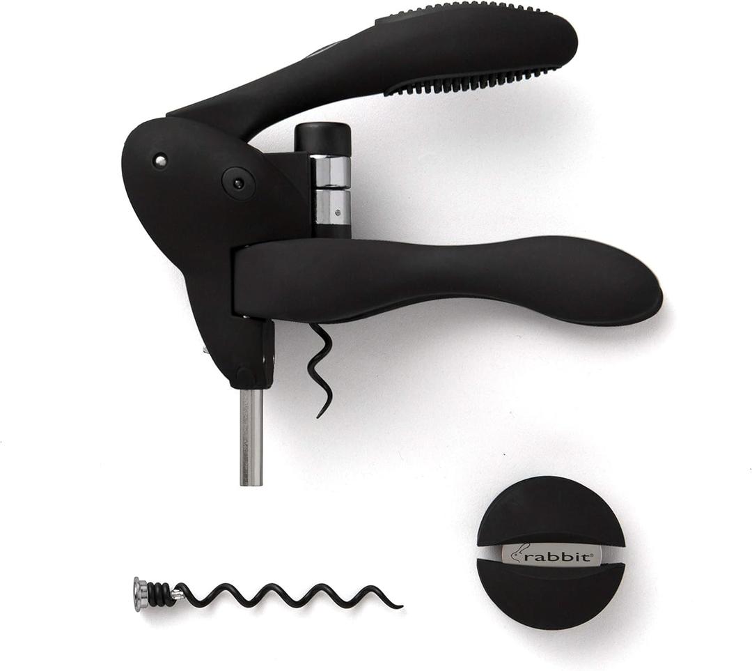 Rabbit Original Lever Corkscrew Wine Opener  Includes Foil Cutter and Extra Spiral, Easy Lever Wine Bottle Opener (Black)