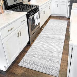 Hallway Runner Rug 2x6, Ultra Soft Light Grey Moroccan Distressed Kitchen Runner Rug with Rubber Backing, Washable Low-Pile Boho Runner Rugs for Bedroom Bathroom Laundry Room