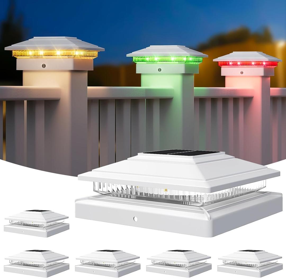 APONUO Solar Post Cap Lights Color Changing 6 Pack - RGB 8 Solid & Gradient Colors, IP65 Waterproof, for 4x4 5x5 6x6 Wood Vinyl Fences, Deck, Patio, Yard (White)