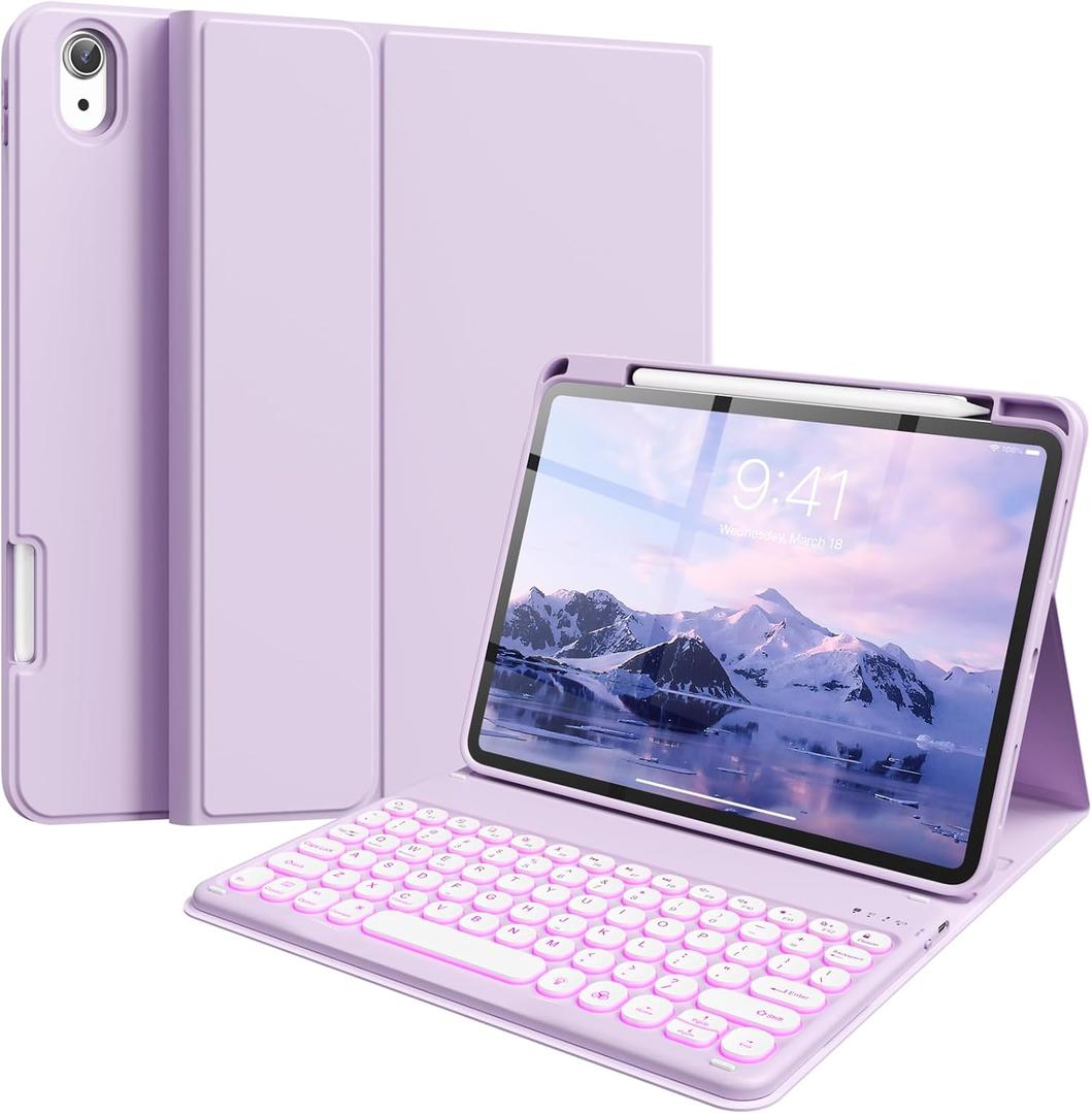 aoub Keyboard Case for iPad (A16) 11th 10th Generation 11 inch 2025/2022, 7 Colors Backlit Wireless Detachable Keyboard, Stand Folio Cover with Pencil Holder for iPad 10th Gen 10.9 inch, Purple