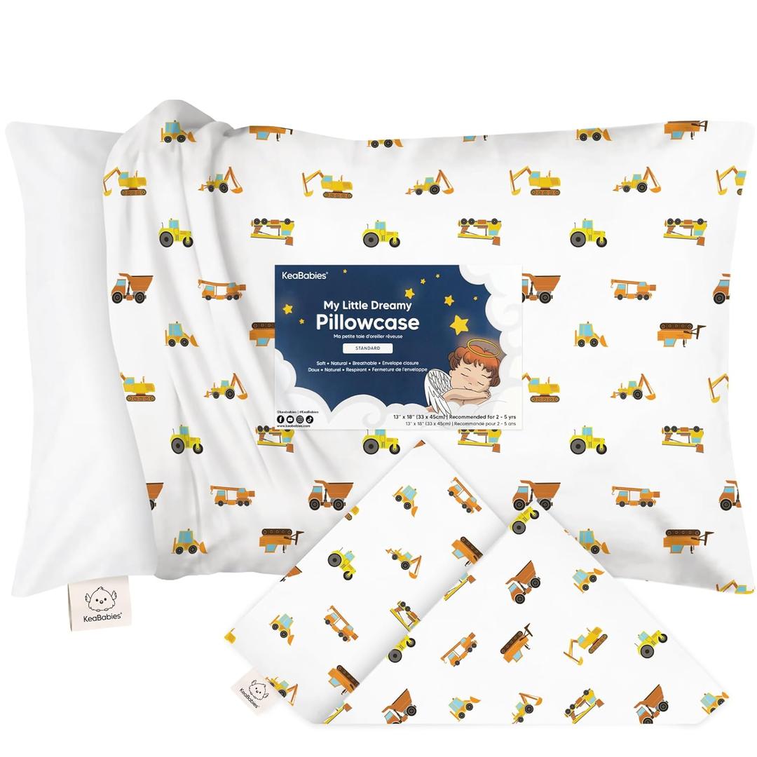 KeaBabies Toddler Pillowcase 13"x18" - Organic Cotton Toddler Pillowcase for Kids, Boys, Girls,Soft & Durable Cotton Cover for Miniature Sleepy Pillows,Cute Colors,Pillow Sold Separately(Construction) (1pk, Standard 13x18)