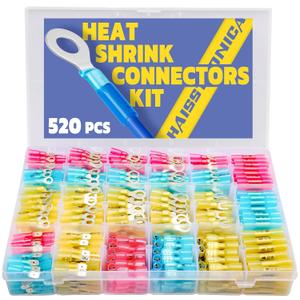 haisstronica 520PCS Marine Grade Heat Shrink Wire Connectors-Electrical Connectors Kit of Tinned Red Copper,16-14 22-16 12-10 Gauge Crimp Insulated Ring Fork Spade Butt Splices(3Colors/24Size)