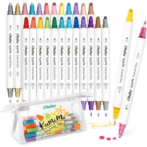 Ohuhu Journal Pens 24 Colors Dot Markers Dual Tips (Calligraphy Brush & Dot) for Adults Water-based Metallic & Regular Colors Dot Pens for Lettering Journal Scrapbooking Coloring Markers - Kumimi