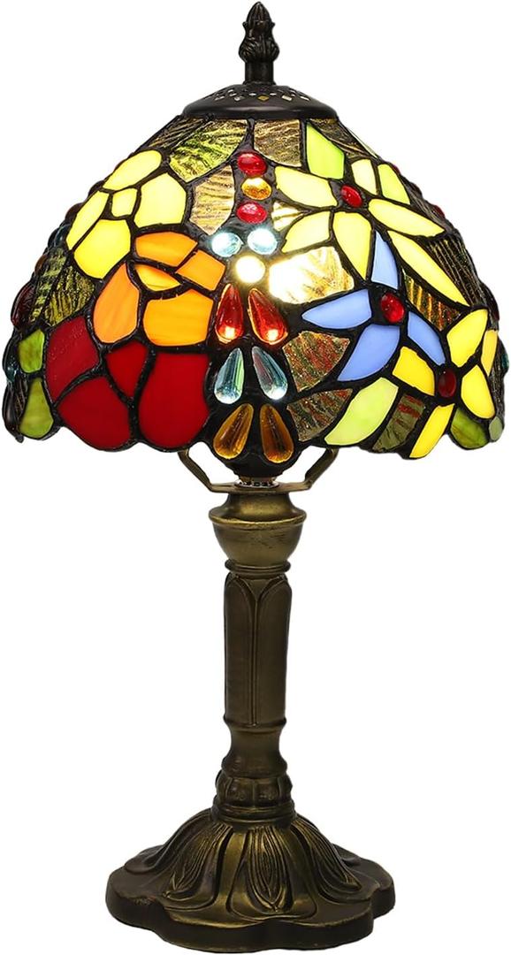 Tiffany Lamp Rose Flower Stained Glass Table Lamp,3 Color-Temperature Nightstand Bedside Home Office Desk Lamp Accent Lamp for Living Room,Bedroom,Hotel+LED Bulb,8X8X15 Inch