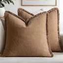 MIULEE Decorative Throw Pillow Covers Neutral Linen Fringe Throw Pillows Set of 2 Brown Boho Farmhouse Cushion Covers with Tassels for Couch Sofa Bed Living Room Spring Home Decor 20x20 Inch