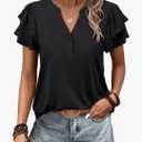 ANRABESS Womens Tops Dressy Casual Ruffle Short Sleeve V Neck Blouses Summer Button Down Business Work Elegant Shirts, Small, Black 