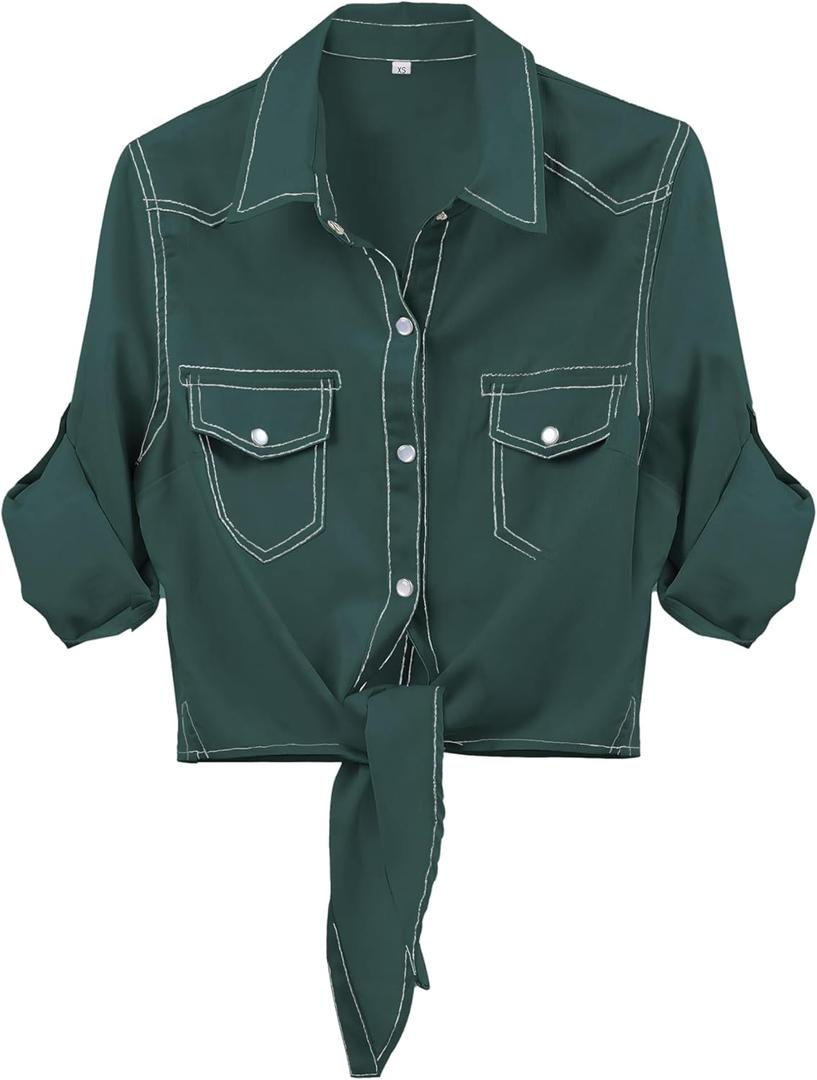 AMEBELLE Women's Roll Up 3/4 Sleeve Tie Front Knot Shirt Chambray Denim Crop Top (Large, Darkgreen) AMEBELLE Women's Roll Up 3/4 Sleeve Tie Front Knot Shirt Chambray Denim Crop Top (Large, Darkgreen)