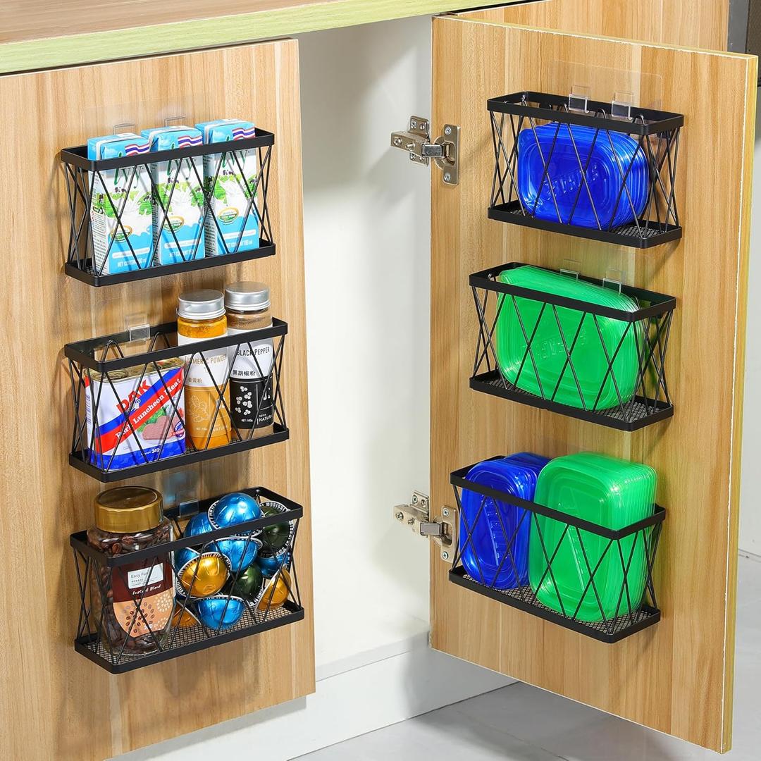 YIGII 6 Pack Cabinet Door Organizer, Wall Mounted Lid Organizer for Tupperware Kitchen RV Pantry Cabinet Storage and Organization, Heavy Duty Adhesive Wall Baskets Lid Holder Slim Stainless, Black