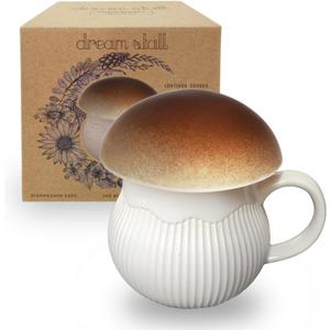 Mushroom Mug with Lid Stoneware Coffee Cup with Decorative Gift Box (Brown), Cottagecore Aesthetics