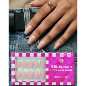 32pcs Short Press On Nails Almond 16 Sizes Glossy Fake Nails with Glue (Nude Pink)