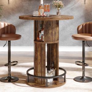 HSH Round Bar Table, 37.4"H Bar Height Bistro Pub Table With 2-Tier Storage, 23.62 Inch