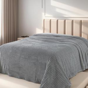 Queen Size Cuddly Fluffy Fleece Blanket, Warm and Soft with Striped Pattern, 90x90 Inches, Ash Grey