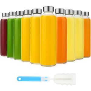 Sursip [10 Pack] 18 oz Glass Water Bottles with Lids, Juice Bottles, Clear glass juice bottle for juicing, Eco-Friendly Reusable Glass Juicing Bottles with Stainless Steel Lid, BPA Free,Leak-Proof
