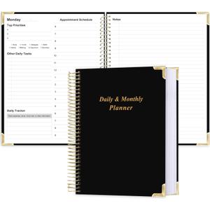 Undated Daily Monthly Planner for 2026 or Anytime - A4 To Do List with Hourly Schedule, Hardcover Spiral Bound Daily Planner to Increase Focus, Stylish School/Office Supplies, 8.5" x 11", Black