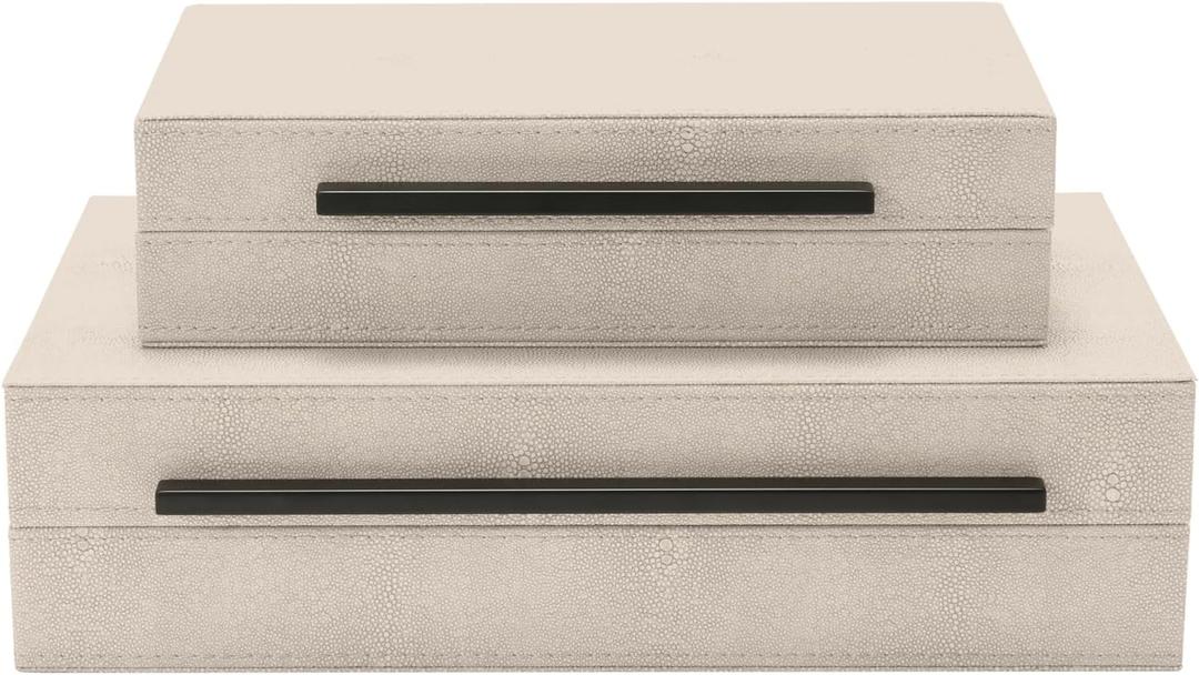 Sagala Set of 2 Ivory Shagreen Decorative Boxes With Black Metal Handles, Faux Leather Jewelry Boxes Modern Storage Boxes Photo Boxes Memory Boxes Home Organizer Box(Ivory)