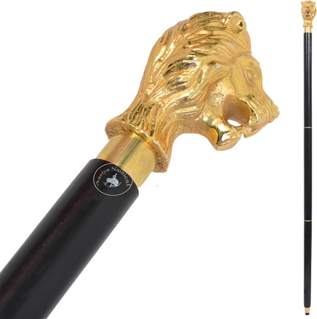 Golden Lion Head Walking Cane  Handmade Aluminum & Natural Wood Stick for Men & Women  Antique Style Designer Walking Stick  36" Vintage Gift for Gentlemen & Collectors