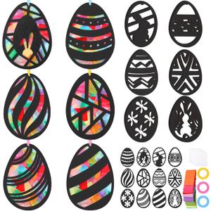 Fumete 36 Pcs Easter Egg Wooden Craft Kit, Arts and Crafts Set with Pre Cut Cardstock and Tissue Paper, DIY Stained Glass Style Suncatchers for Spring Window Art and Holiday Decor