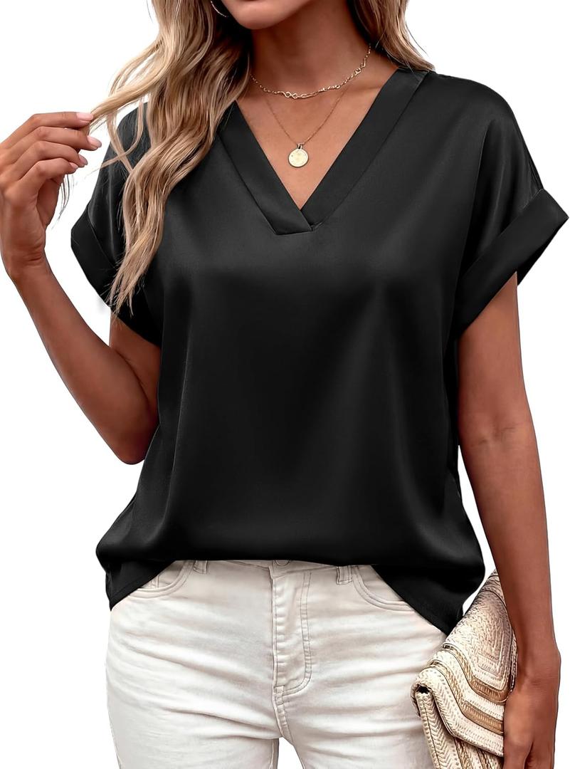 MASCOMODA Womens V Neck Silk Satin Tops Dressy Short Sleeve Work Blouses Spring Summer Loose T Shirts Business Casual Outfits (Large, Black)