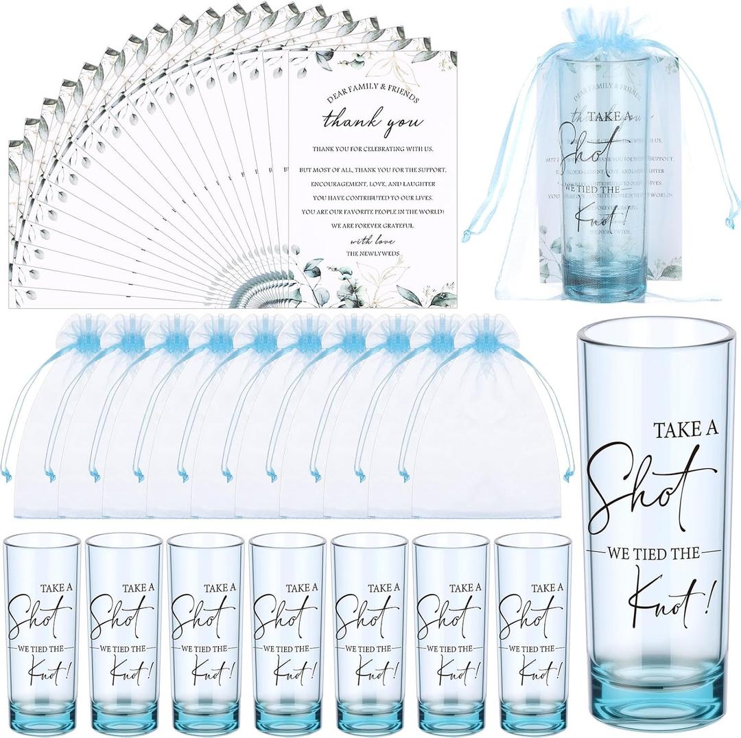 Sliner 100 Set Wedding Favors for Guests Bulk 2oz Acrylic Take a Shot We Tied the Knot Shot Glasses with Thank You Cards Organza Bags for Guest Souvenirs Wedding Newlyweds Bridal Shower Gifts (Blue)