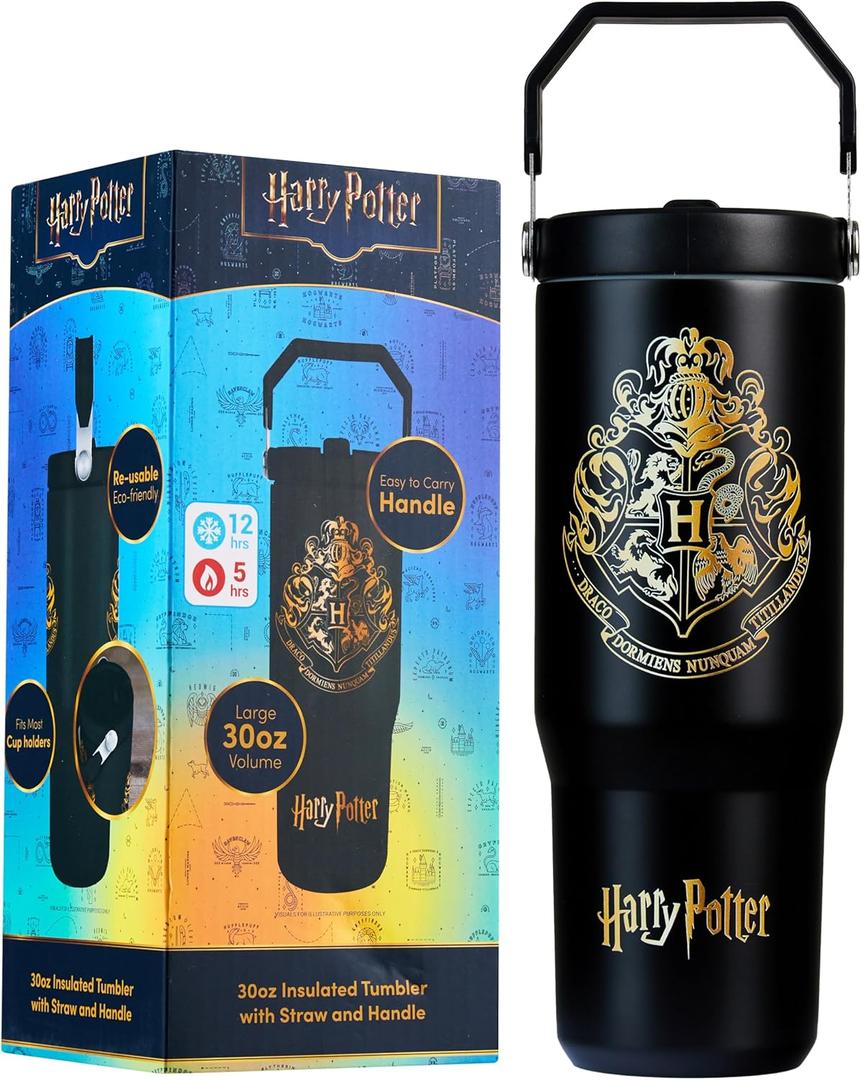 Get Trend Harry Potter Insulated Tumbler Flip Up Straw & Handle, Metal Travel Water Bottle 850ml/30oz, Thermal Double Wall Vacuum, Hot & Cold Drinks (Black Harry Potter)