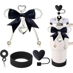 Black Bow Accessories for Stanley Cup 40&30oz Tumbler with Handle,Including Love Straw Topper, Boot, Bow Pendant for Stanley Cups(Black)