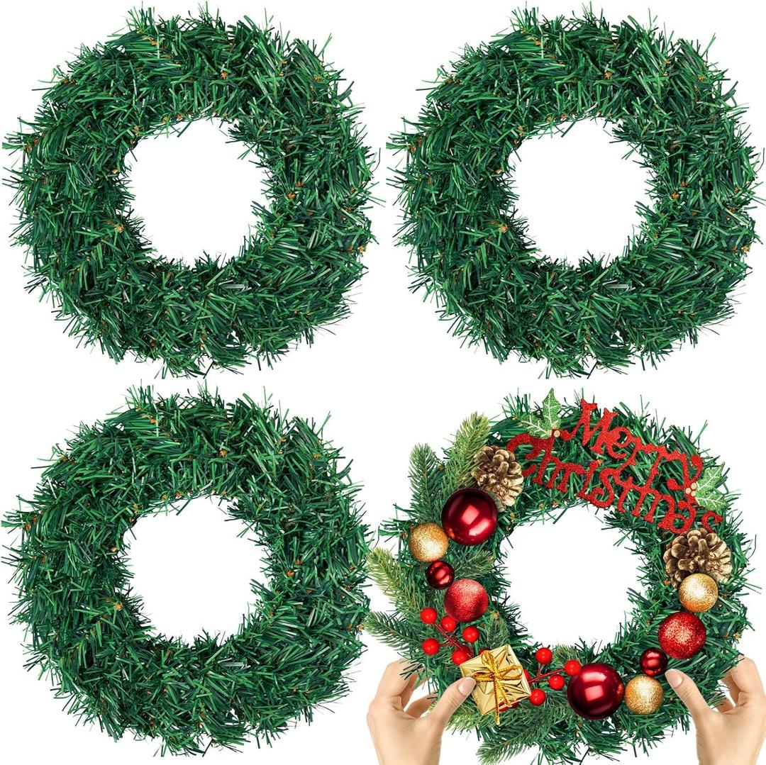 4 Pcs Christmas Wreath 10 Inch Green Artificial Wreaths DIY Faux Plain Wreaths Front Door Green Farmhouse Cabinets Wreath Indoor Outdoor Wall Decor(Fresh)