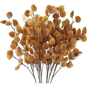 Sggvecsy 6 Pcs Fall Eucalyptus Leaves Artificial Eucalyptus Stems Long Silver Dollar Leaves Autumn Leaf Branches Fake Silk Eucalyptus for Christmas Home Autumn Thanksgiving Decor(Dark Yellow)