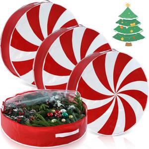 4 Pcs 36 Inch Christmas Wreath Storage Bag Candy Cane Wreath Storage Container Clear Window Dual Zipper Handle Red White Peppermint Garland Organizer for Holiday Decoration, Cute Lollipop