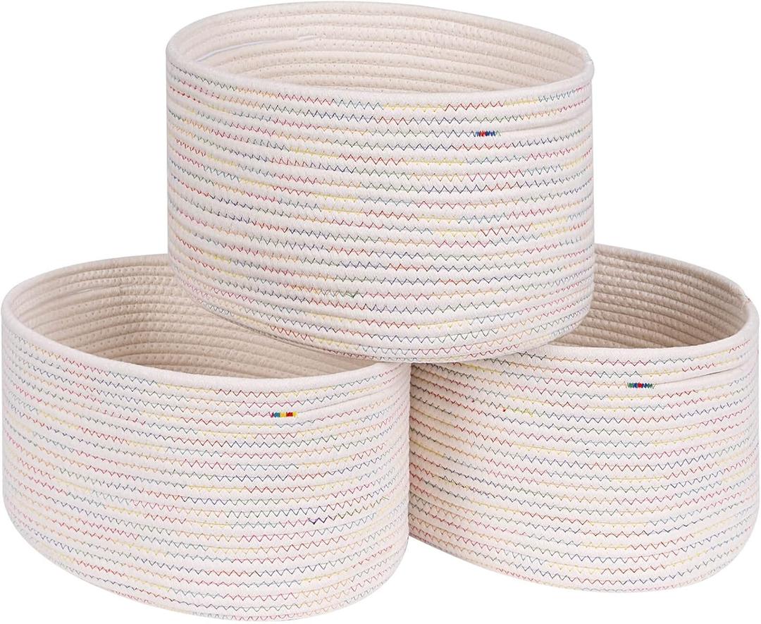 CubesLand Woven Basket for Organizing/Shelves, Cube Shelf Closet Storage Set of 3, Long-lasting & Skin-friendly Bin, Stylish Room Storage, Rainbow Stitches Cotton Rope, Rainbow Stitches