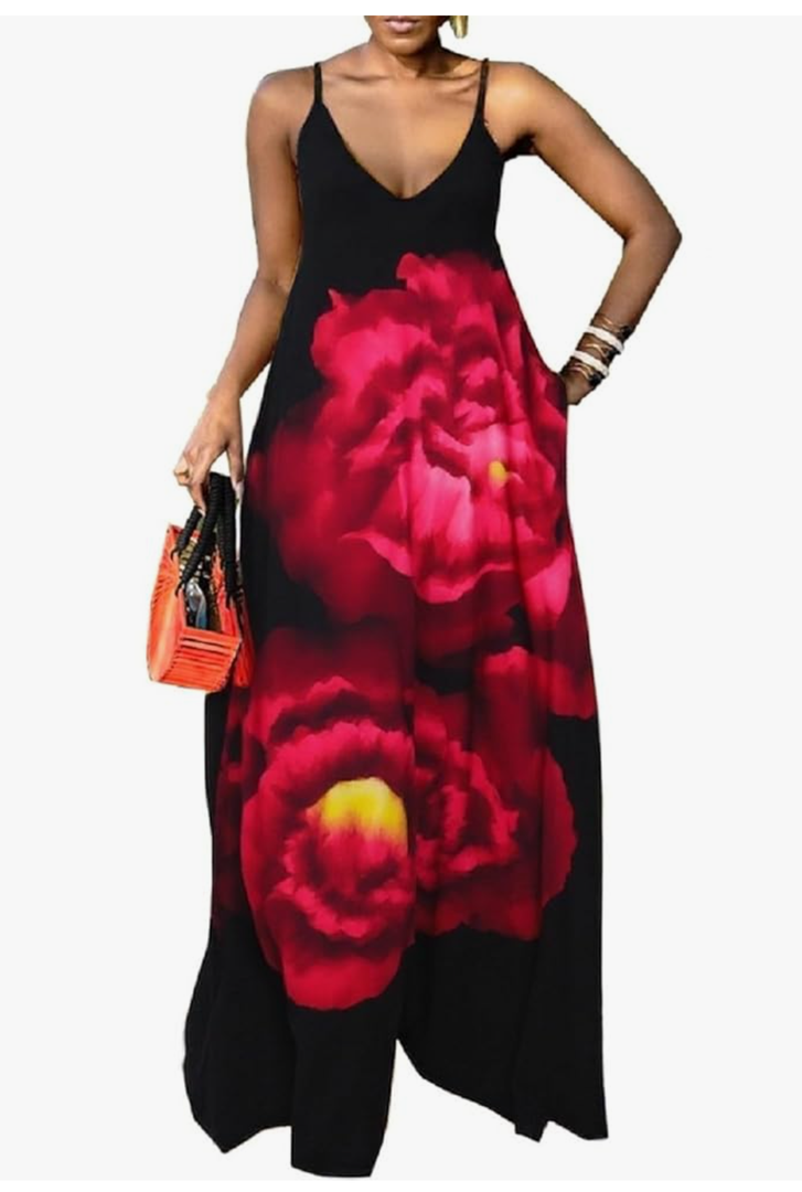 Glozeplus Sexy Jumpsuits for Women Dressy Wide Leg Floral Print Long Pants Sleeveless Rompers Jumpsuit with Pocket Large