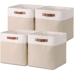 Temary Cube Storage Bins 13x13 Fabric Storage Cubes Baskets Set Of 4 Cloth Baskets for Shelf, Large Bin Empty Basket for Organizing, Shelf Basket (White&Khaki)