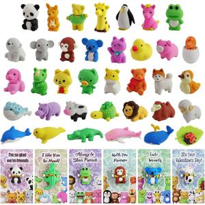 36 Pack Valentines Cards for Kids Classroom, Valentines Erasers for Kids Class Valentine's Greeting Cards with Assembly Cartoon Animal Erasers Toys, Classroom Exchange Gift for Kids Girls and Boys