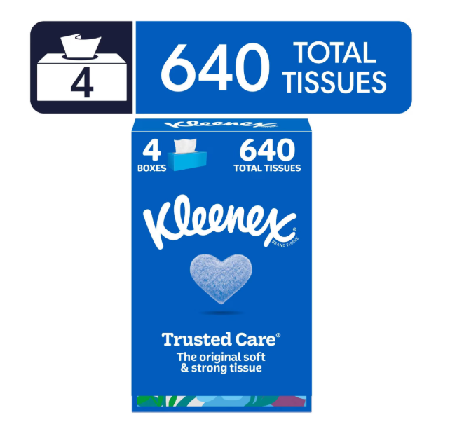 Kleenex Trusted Care 2-Ply Flat Box Facial Tissues, 4 Pack (640 Total Tissues)
