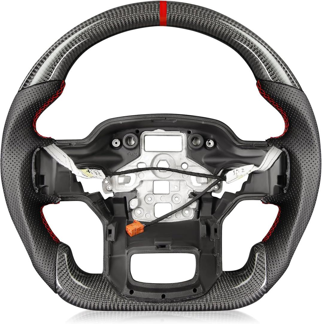 Heated Steering Wheel for F150 Raptor 2021-2024 Carbon Fiber Steering Wheel with Heated D-shaped Flat-bottom Preforated Leather Grip Hand-Stitched Compatible with Raptor with Paddle Shifters