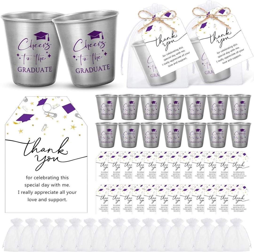 Maxcheck 30 Sets Graduation Gifts Cheers to the Graduate Stainless Steel Shot Glasses with Thank You Cards and Gift Bags Graduation Party Favors Supplies for Teacher Classmates Family(Purple)