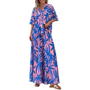 PRETTYGARDEN Women's 2 Piece Beach Vacation Outfit 2025 Casual Summer Floral Button Down Shirt Wide Leg Pants Matching Sets (Floral Pink Blue, Large)