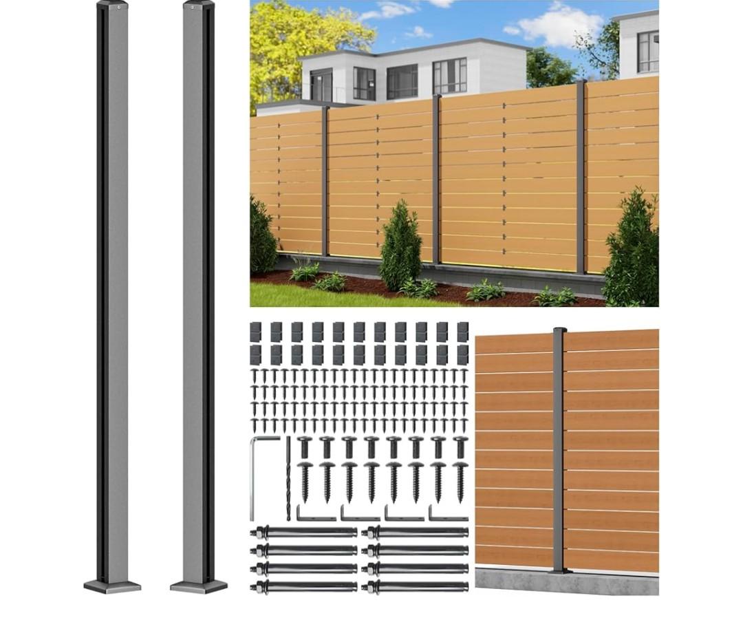 6FT 201 Stainless Steel Heavy Duty Fence Post for Wood Slats(Serial Post), Outdoor Ground Install Wooden Privacy Fence Panels Posts Matte Black 2Pack