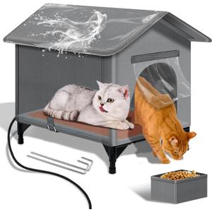 Large Heated Cat Shelter for Outside Winter, Foldable with Heating Pad | Weatherproof Outdoor Cat House | Insulated Collapsible Home for Stray Barn (grey)