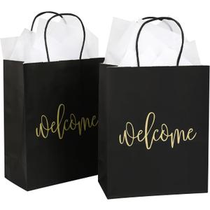 DjinnGlory 50 Pack Medium Black Welcome Paper Gift Bags with Handles and 50-Sheet White Tissue Paper for Wedding Hotel Guests Engagement Bridal Shower Birthday Party Favors (10''x8''x4'')