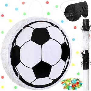 Sratte Soccer Piata with Stick Blindfold and Confetti,Soccer Ball Piata for Kids Birthday Decoration Sport Themed Party Supplies,11.8 x 11.8 x 3 Inch