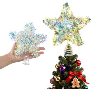 LAWOHO Christmas Tree Topper Star, Exquisite Christmas Decor, Mini Shiny Iridescent 6 Inch Christmas Tree Decoration with 6H Timer, 10 Warm Lights for Xmas Tree, Holiday & Party, Indoor Home