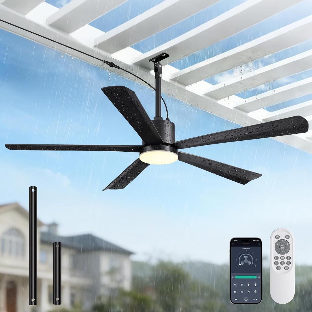 Netin 52" Outdoor Ceiling Fan with Light, IP65 Waterproof Black Gazebo Fan, Plug in Hanging Ceiling Fan, 3CCT Dimmable, 6 Speeds Outdoor Fan with Remote & APP Control for Patio, Pergola, Porch