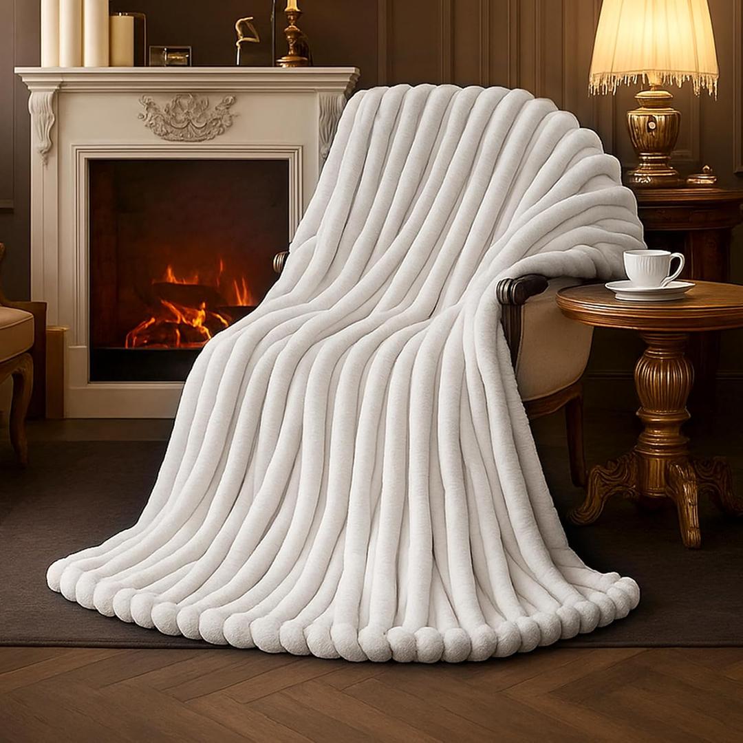 Amlie Home Faux Fur Throw Blanket for Couch, Cozy Fuzzy Fluffy Fur Luxurious Soft Striped Plush Gift Blankets for Family Sofa Chair, 60"x80", Ivory